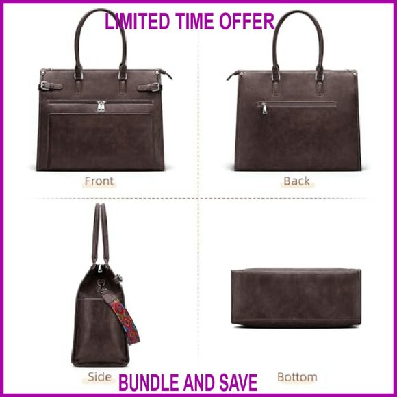 15.6 Inch Vegan Leather Laptop Tote Bag with 9 Pockets, Shoulder & Handbag - Picture 6 of 8